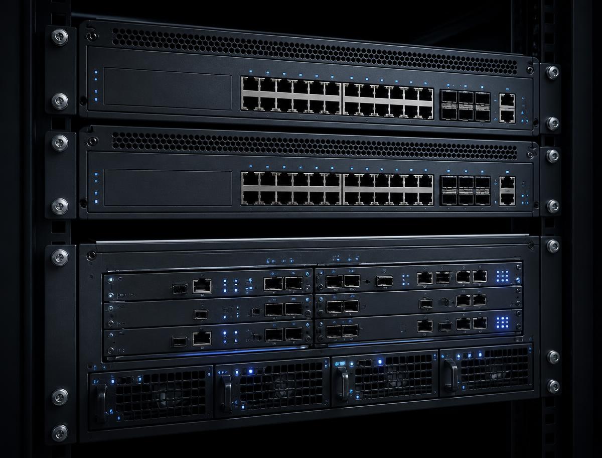 Stacked enterprise switches and routers mounted in a network rack